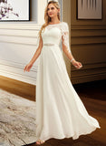 Eden A-Line Scoop Neck Floor-Length Chiffon Lace Wedding Dress With Sequins STIP0013775