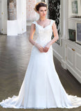 Esme A-Line V-neck Court Train Chiffon Wedding Dress With Lace Beading Sequins STIP0013776