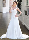 Esme A-Line V-neck Court Train Chiffon Wedding Dress With Lace Beading Sequins STIP0013776