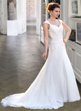 Esme A-Line V-neck Court Train Chiffon Wedding Dress With Lace Beading Sequins STIP0013776