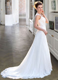 Esme A-Line V-neck Court Train Chiffon Wedding Dress With Lace Beading Sequins STIP0013776