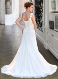 Esme A-Line V-neck Court Train Chiffon Wedding Dress With Lace Beading Sequins STIP0013776