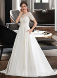 Marianna Ball-Gown/Princess Scoop Neck Court Train Satin Wedding Dress With Beading Sequins Pockets STIP0013777