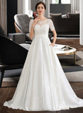 Marianna Ball-Gown/Princess Scoop Neck Court Train Satin Wedding Dress With Beading Sequins Pockets STIP0013777