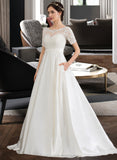 Marianna Ball-Gown/Princess Scoop Neck Court Train Satin Wedding Dress With Beading Sequins Pockets STIP0013777