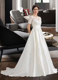 Marianna Ball-Gown/Princess Scoop Neck Court Train Satin Wedding Dress With Beading Sequins Pockets STIP0013777