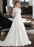 Marianna Ball-Gown/Princess Scoop Neck Court Train Satin Wedding Dress With Beading Sequins Pockets STIP0013777