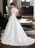 Marianna Ball-Gown/Princess Scoop Neck Court Train Satin Wedding Dress With Beading Sequins Pockets STIP0013777