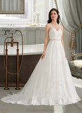 Aliza Ball-Gown/Princess V-neck Court Train Tulle Wedding Dress With Beading Sequins STIP0013779