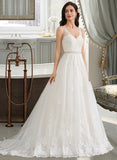 Aliza Ball-Gown/Princess V-neck Court Train Tulle Wedding Dress With Beading Sequins STIP0013779