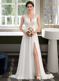 Khloe A-Line V-neck Sweep Train Chiffon Wedding Dress With Split Front STIP0013782