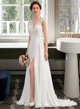 Khloe A-Line V-neck Sweep Train Chiffon Wedding Dress With Split Front STIP0013782