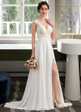 Khloe A-Line V-neck Sweep Train Chiffon Wedding Dress With Split Front STIP0013782