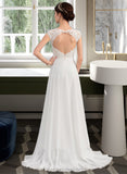 Khloe A-Line V-neck Sweep Train Chiffon Wedding Dress With Split Front STIP0013782