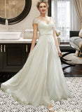 Angel A-Line V-neck Floor-Length Wedding Dress With Lace Beading Sequins STIP0013784