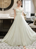 Angel A-Line V-neck Floor-Length Wedding Dress With Lace Beading Sequins STIP0013784