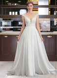 Kelsey A-Line V-neck Sweep Train Chiffon Wedding Dress With Beading Sequins STIP0013792