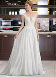 Kelsey A-Line V-neck Sweep Train Chiffon Wedding Dress With Beading Sequins STIP0013792