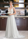 Kelsey A-Line V-neck Sweep Train Chiffon Wedding Dress With Beading Sequins STIP0013792