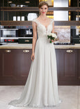 Kelsey A-Line V-neck Sweep Train Chiffon Wedding Dress With Beading Sequins STIP0013792