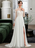 Patsy A-Line Illusion Sweep Train Chiffon Wedding Dress With Appliques Lace Split Front STIP0013793