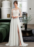 Patsy A-Line Illusion Sweep Train Chiffon Wedding Dress With Appliques Lace Split Front STIP0013793