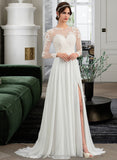 Patsy A-Line Illusion Sweep Train Chiffon Wedding Dress With Appliques Lace Split Front STIP0013793