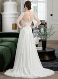 Patsy A-Line Illusion Sweep Train Chiffon Wedding Dress With Appliques Lace Split Front STIP0013793