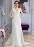 Miriam Trumpet/Mermaid V-neck Chapel Train Chiffon Wedding Dress With Beading Sequins STIP0013795