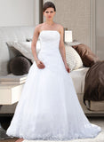 Tiffany Ball-Gown/Princess Strapless Chapel Train Satin Organza Wedding Dress With Lace Beading STIP0013796