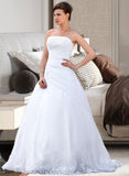 Tiffany Ball-Gown/Princess Strapless Chapel Train Satin Organza Wedding Dress With Lace Beading STIP0013796