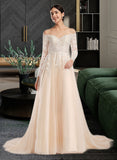 Samara Ball-Gown/Princess Illusion Chapel Train Wedding Dress With Sequins STIP0013798