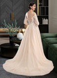 Samara Ball-Gown/Princess Illusion Chapel Train Wedding Dress With Sequins STIP0013798