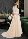 Samara Ball-Gown/Princess Illusion Chapel Train Wedding Dress With Sequins STIP0013798