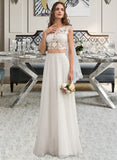 Priscilla A-Line Scoop Neck Floor-Length Chiffon Wedding Dress With Beading Sequins STIP0013799