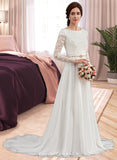 Lacey A-Line Scoop Neck Court Train Chiffon Wedding Dress With Beading STIP0013800