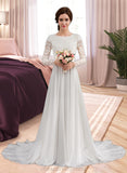 Lacey A-Line Scoop Neck Court Train Chiffon Wedding Dress With Beading STIP0013800