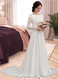 Lacey A-Line Scoop Neck Court Train Chiffon Wedding Dress With Beading STIP0013800