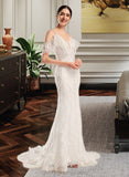 Hallie Trumpet/Mermaid V-neck Chapel Train Wedding Dress With Beading Sequins STIP0013802