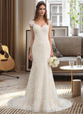 Blanche Trumpet/Mermaid V-neck Court Train Lace Wedding Dress STIP0013804