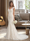 Blanche Trumpet/Mermaid V-neck Court Train Lace Wedding Dress STIP0013804