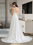 Prudence A-Line V-neck Sweep Train Chiffon Wedding Dress With Beading Sequins Split Front STIP0013806