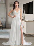 Prudence A-Line V-neck Sweep Train Chiffon Wedding Dress With Beading Sequins Split Front STIP0013806