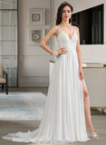 Prudence A-Line V-neck Sweep Train Chiffon Wedding Dress With Beading Sequins Split Front STIP0013806