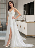 Prudence A-Line V-neck Sweep Train Chiffon Wedding Dress With Beading Sequins Split Front STIP0013806