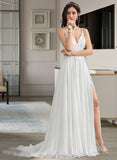 Prudence A-Line V-neck Sweep Train Chiffon Wedding Dress With Beading Sequins Split Front STIP0013806