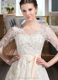 Savanna Ball-Gown/Princess V-neck Court Train Tulle Wedding Dress With Beading Appliques Lace Sequins Bow(s) STIP0013809