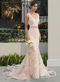 Britney Trumpet/Mermaid V-neck Chapel Train Tulle Lace Wedding Dress With Beading STIP0013810