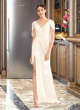 Mattie A-Line V-neck Sweep Train Wedding Dress With Ruffle STIP0013811