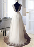 Taylor A-Line V-neck Sweep Train Tulle Wedding Dress STIP0013812